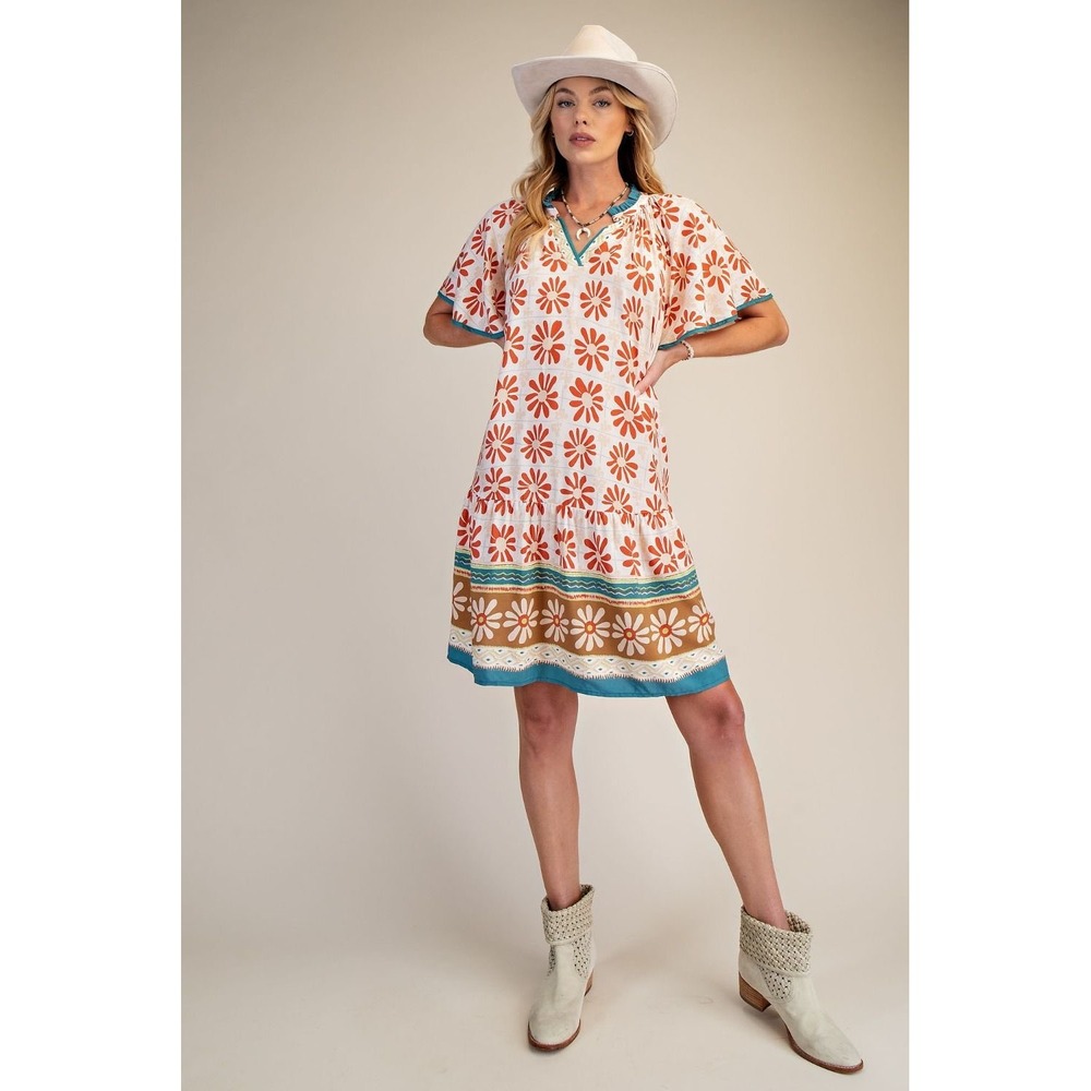 Easel Womens‎ Wing Sleeve Daisy Floral Border Print V-Neck Mini Dress Small NEW